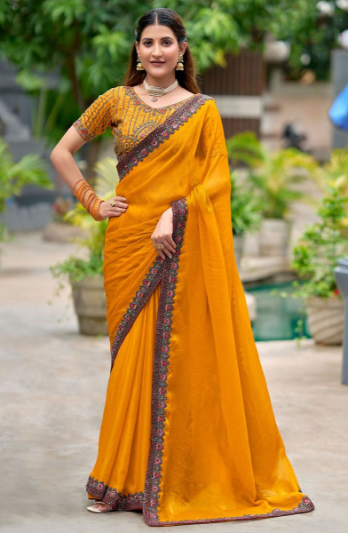 Golden Yellow Chiffon Saree with Embroidered Blouse
