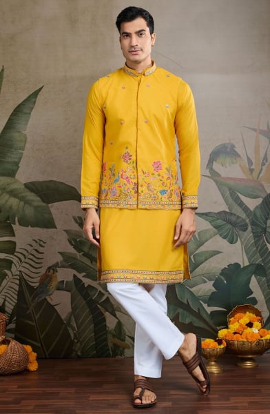 Golden Yellow Cotton Kurta Set with Embroidered Jacket