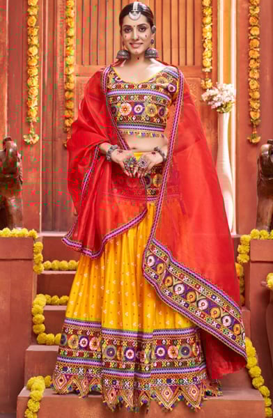 Golden Yellow Cotton Silk Gamthi Work Chaniya Choli for Festival