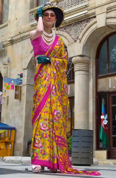 Golden Yellow Digital Print Satin Crepe Saree