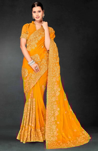 Golden Yellow Embroidered Fendi Silk Saree