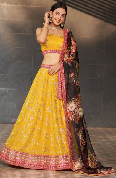 Golden Yellow Embroidered Georgette Designer Lehenga Choli