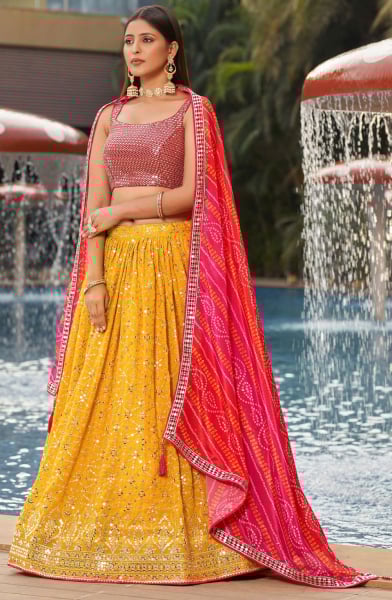 Golden Yellow Embroidered Georgette Designer Lehenga Choli