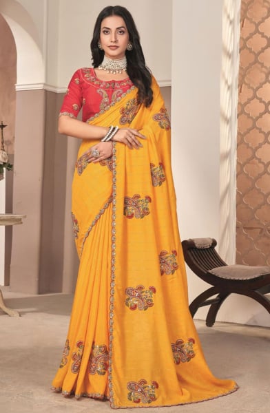 Golden Yellow Embroidered Georgette Designer Saree