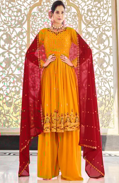 Golden Yellow Embroidered Georgette Readymade Palazzo Kameez