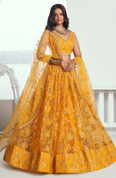 Golden Yellow Embroidered Net Lehenga Choli for Wedding