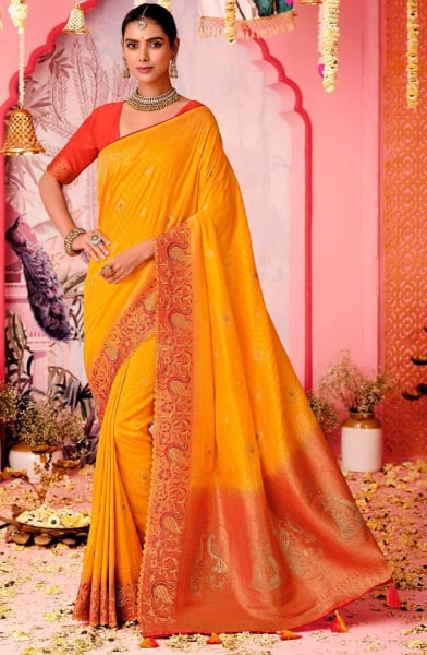 Golden Yellow Embroidered Nylon Dola Silk Saree