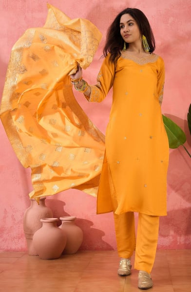 Golden Yellow Embroidered Roman Silk Readymade Suit