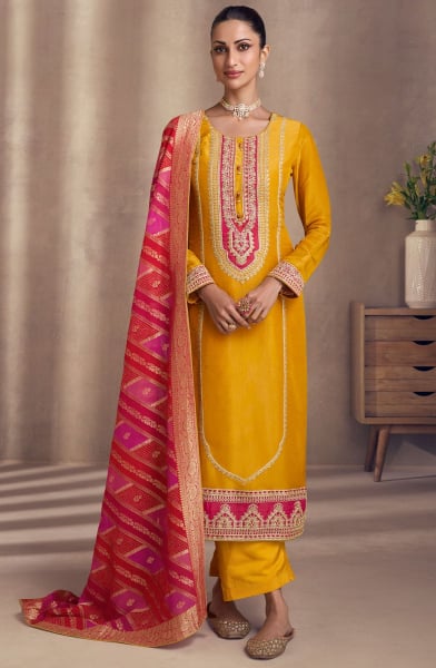Golden Yellow Embroidered Shimmer Silk Readymade Suit
