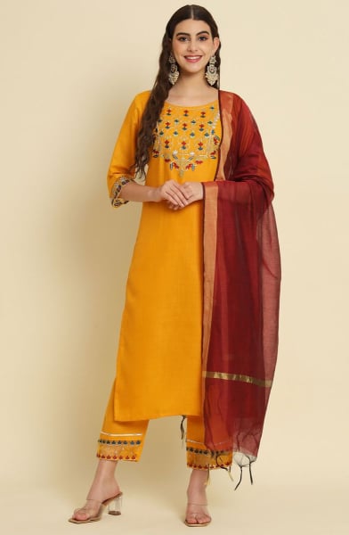 Golden Yellow Embroidered Silk Blend Readymade Suit