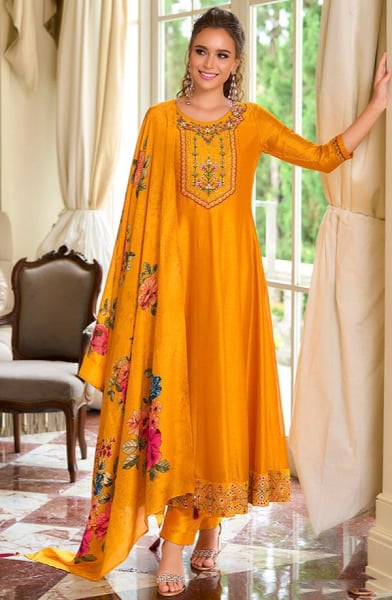 Golden Yellow Embroidered Silk Readymade Suit