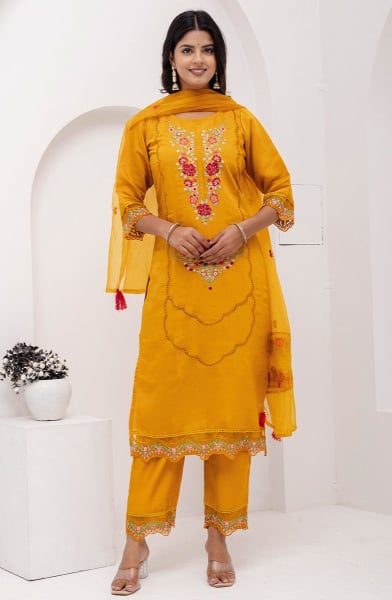 Golden Yellow Embroidered Viscose Silk Readymade Suit