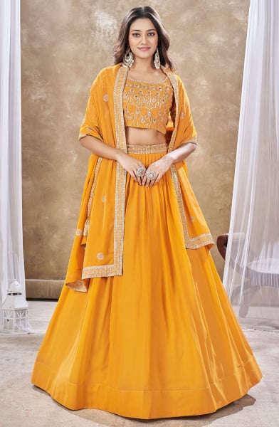 Golden Yellow Faux Georgette Lehenga with Embroidered Choli and Dupatta