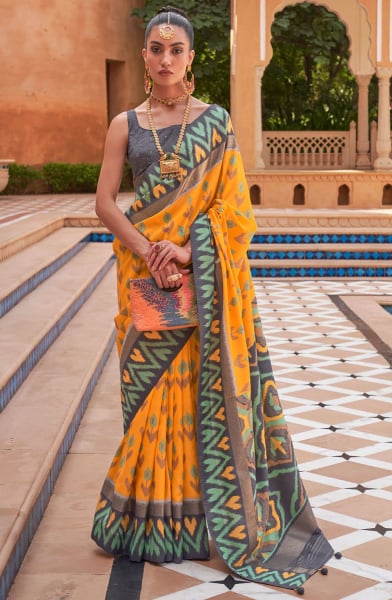 Golden Yellow Foil Print Smooth Silk Saree