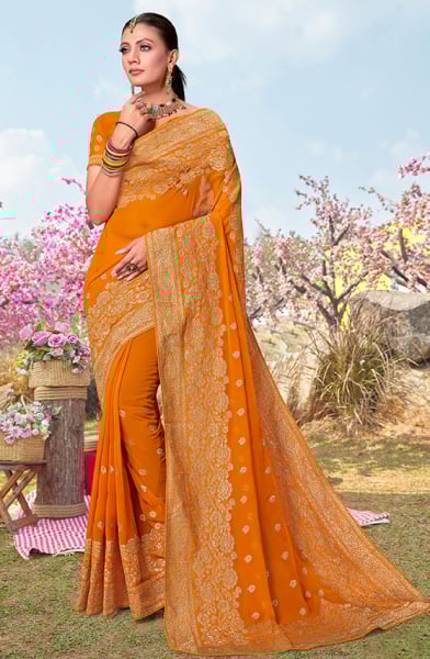 Golden Yellow Georgette Embroidered Saree