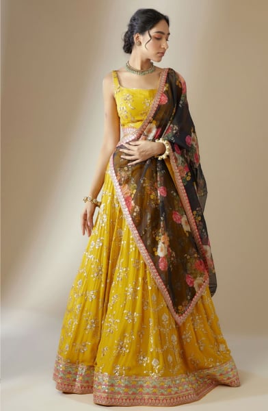Golden Yellow Georgette Heavy Designer Lehenga Choli Set for Wedding