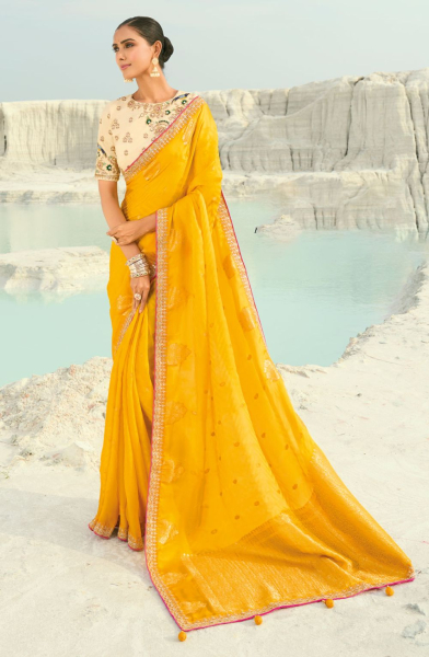 Golden Yellow Heavy Embroidered Designer Saree