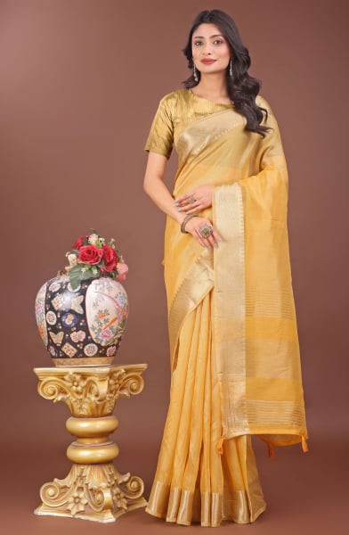 Golden Yellow Organza Printed Saree
