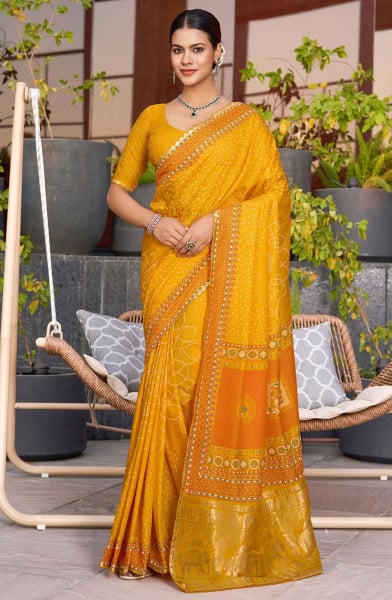 Golden Yellow Printed Cotton Saree for Festival