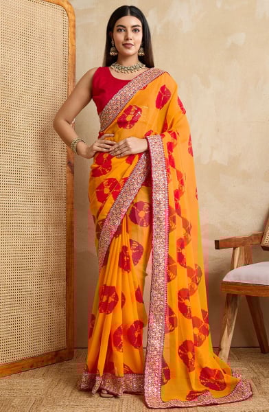 Golden Yellow Printed Georgette Saree
