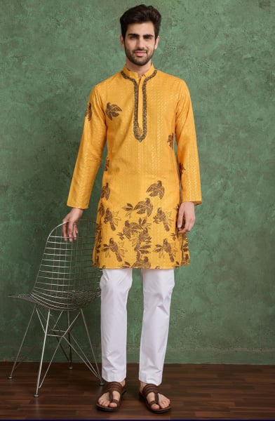 Golden Yellow Printed Rayon Kurta Set
