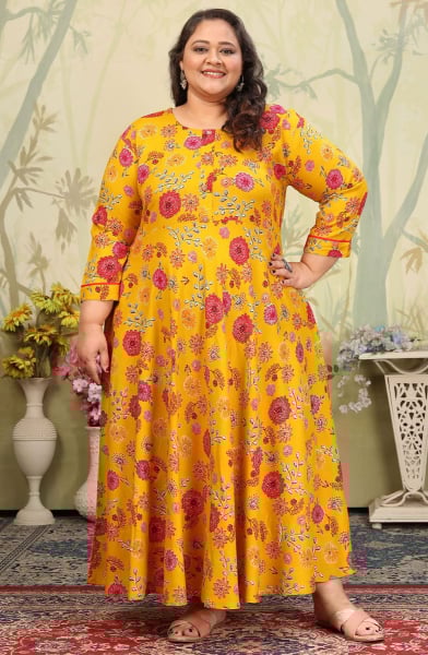 Golden Yellow Printed Rayon Plus Size Gown