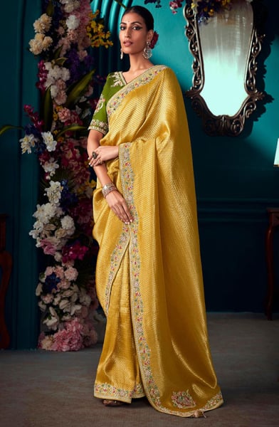 Golden Yellow Pure Banarasi Kanjivaram Silk Embroidered Saree