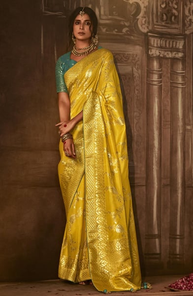 Golden Yellow Pure Dola Silk Woven Saree