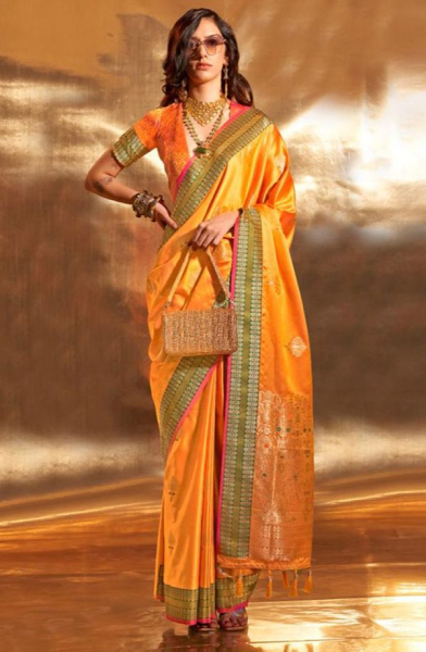 Golden Yellow Pure Satin Chaap Handloom Silk Saree