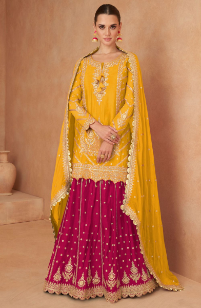 Golden Yellow Real Chinnon Designer Lehenga Suit