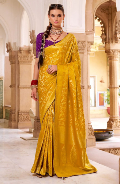 Golden Yellow Satin Tissue Silk Saree for Party