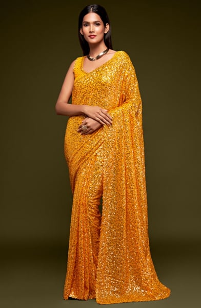 Golden Yellow Sequined Georgette Designer Saree for Party