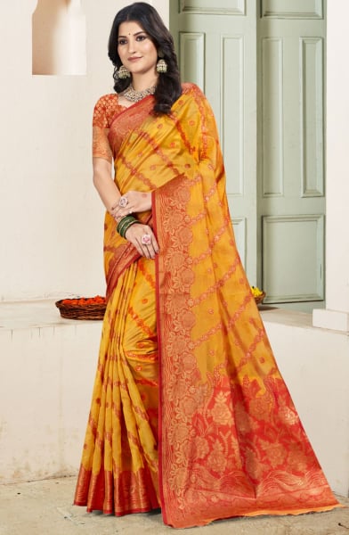 Golden Yellow Silk Woven Work Saree