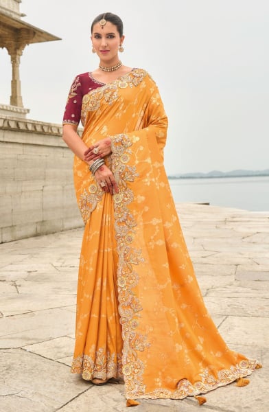 Golden Yellow Tissue Silk Embroidered Designer Saree 