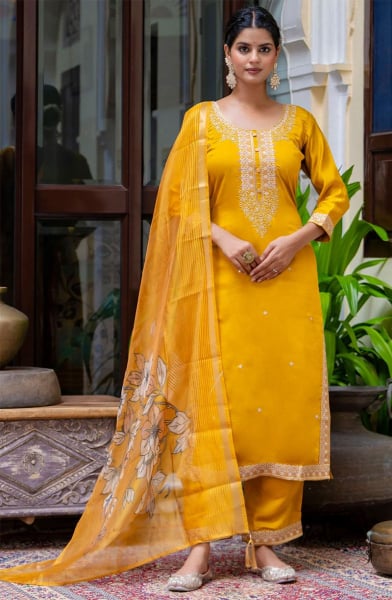 Golden Yellow Viscose Roman Silk Readymade Suit