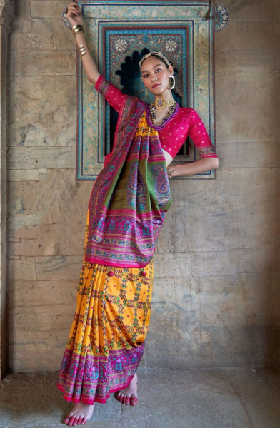 Golden Yellow Viscose Silk Saree with Patola Print