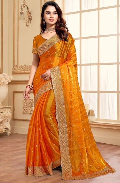 Golden Yellow Zari Embroidered Burberry Silk Saree