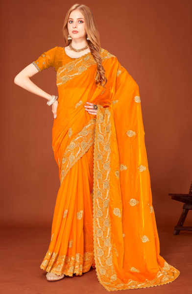 Golden Yellow Zari Embroidered Fendi Silk Saree