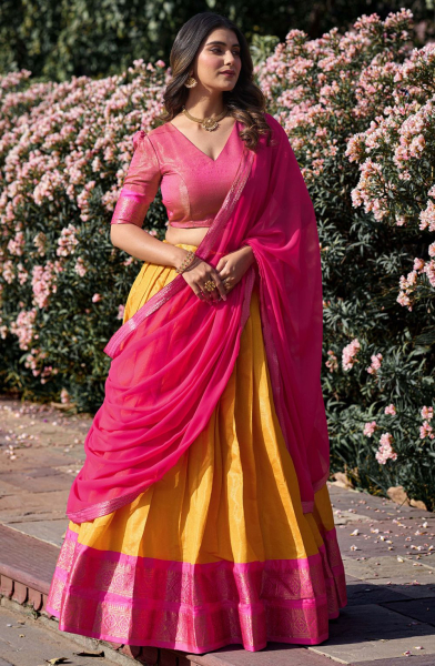 Golden Yellow Zari Woven Kanchipuram Silk Lehenga Choli