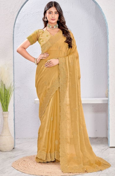 Golden Zari Embroidered Fendi Silk Saree