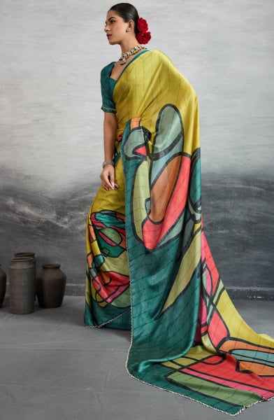 Graceful Yellow Satin Silk Saree with Digital Prints