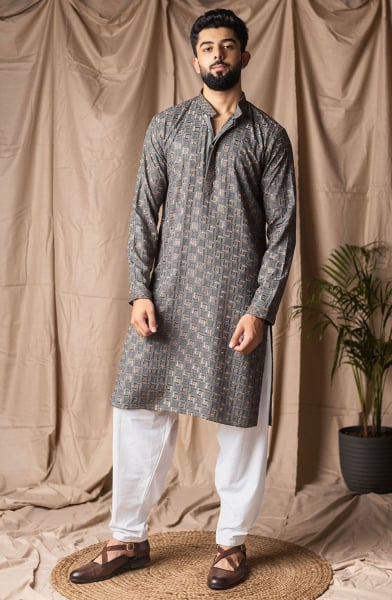 Graphite Grey Embroidered Rayon Kurta Set