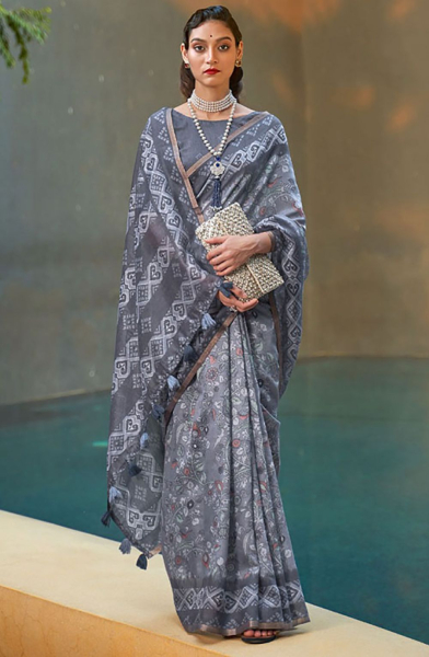 Graphite Grey Printed Cotton Party Wear Saree