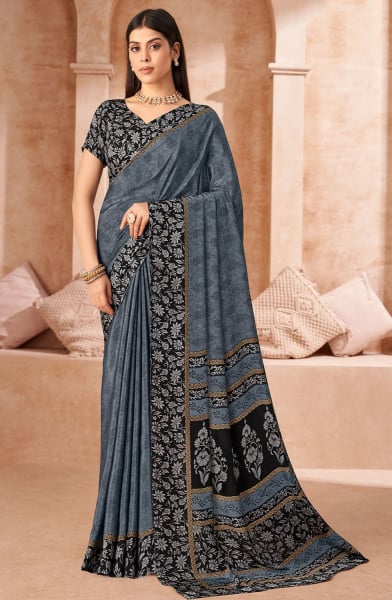 Graphite Grey Printed Crepe Casual Saree
