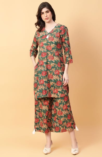 Green Cotton Printed Co-Ord Set