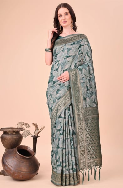 Green Cotton Printed Saree
