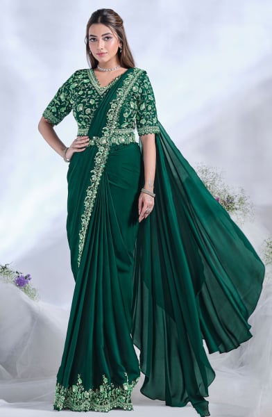 Green Crepe Satin Silk Ready to Wear Designer Saree