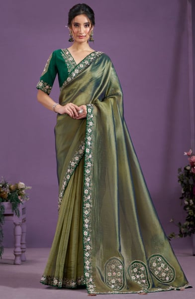 Green Designer Embroidered Saree