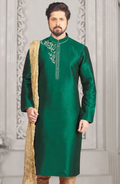 Green Dupion Silk Mens Kurta