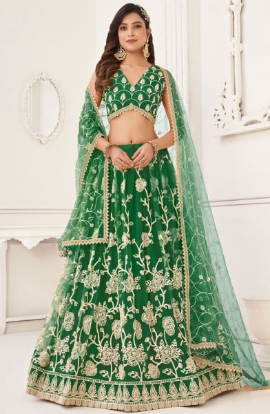 Green Embroidered Net Lehenga Choli
